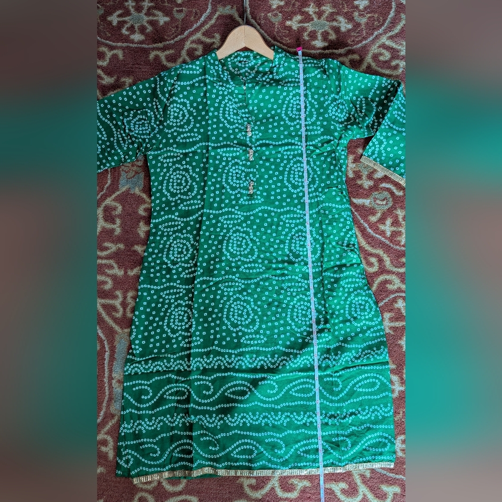 ๐ New Grass Green White Gold Trim Kurta Dress M Tunic Party - Picture 10 of 16